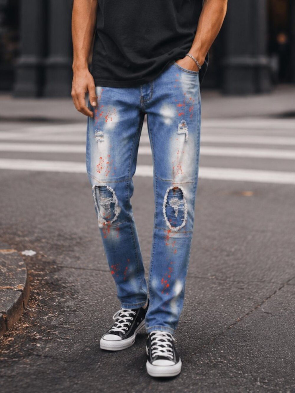 M Society Men's 36x32 Slim Fit Jeans Light Wash Ripped Paint Splatter Stretch